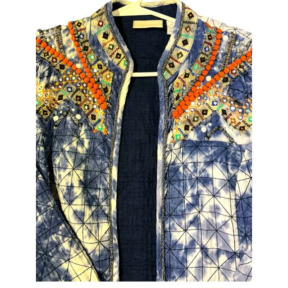 Chico's Indigo Moon Artisan Blue Tie Dye Quilted Open Jacket Embroidered Medium - Picture 2 of 13